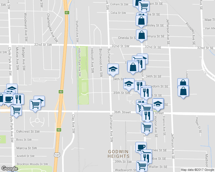 map of restaurants, bars, coffee shops, grocery stores, and more near 3441 Buchanan Avenue Southwest in Grand Rapids