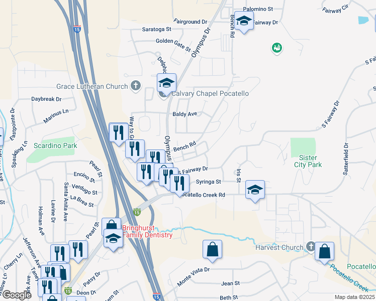 map of restaurants, bars, coffee shops, grocery stores, and more near 1626 South Von Elm Street in Pocatello