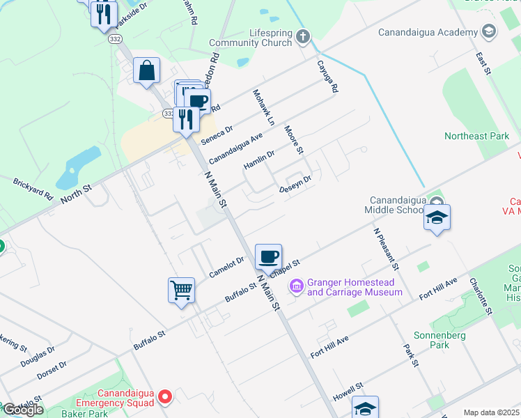 map of restaurants, bars, coffee shops, grocery stores, and more near 22 Hamlin Drive in Canandaigua