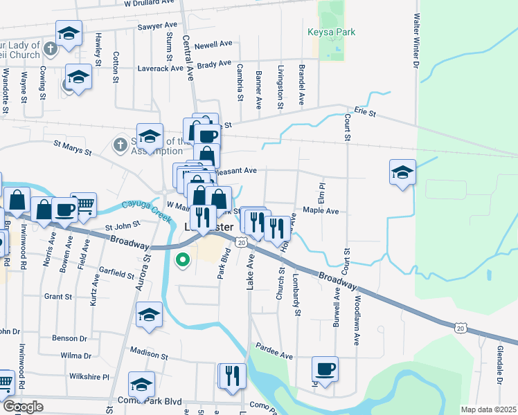 map of restaurants, bars, coffee shops, grocery stores, and more near 7 Clark Street in Lancaster