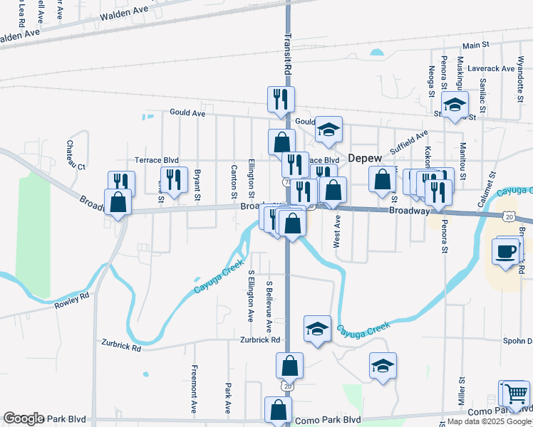 map of restaurants, bars, coffee shops, grocery stores, and more near 4801 Broadway in Depew