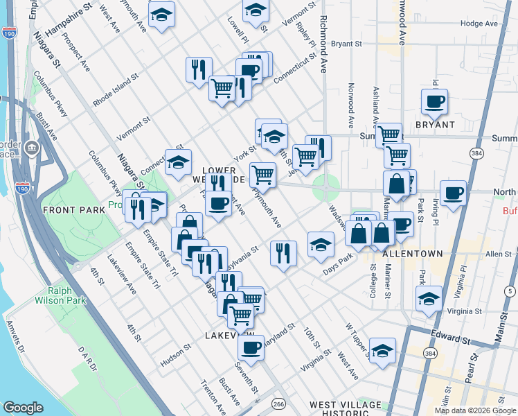 map of restaurants, bars, coffee shops, grocery stores, and more near 291 Jersey Street in Buffalo