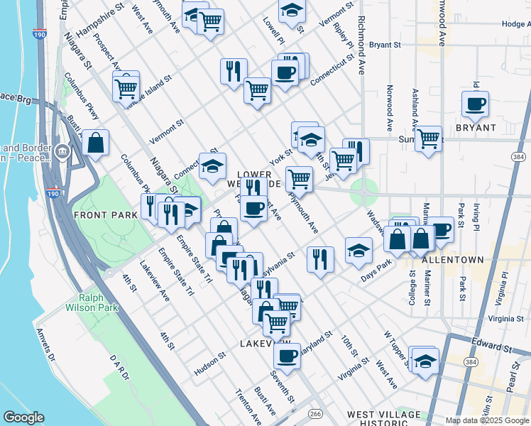 map of restaurants, bars, coffee shops, grocery stores, and more near 252 Jersey Street in Buffalo