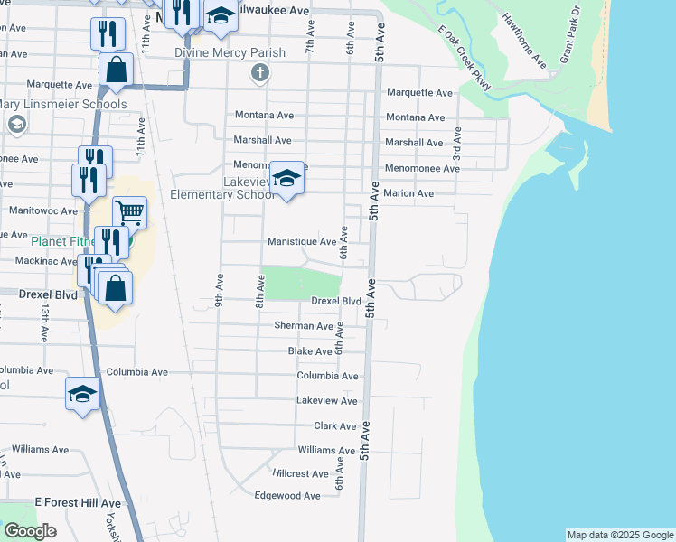 map of restaurants, bars, coffee shops, grocery stores, and more near 601 Mackinac Avenue in South Milwaukee