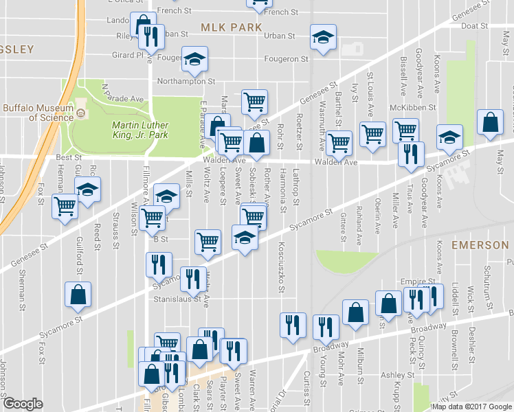 map of restaurants, bars, coffee shops, grocery stores, and more near 257 Sobieski Street in Buffalo