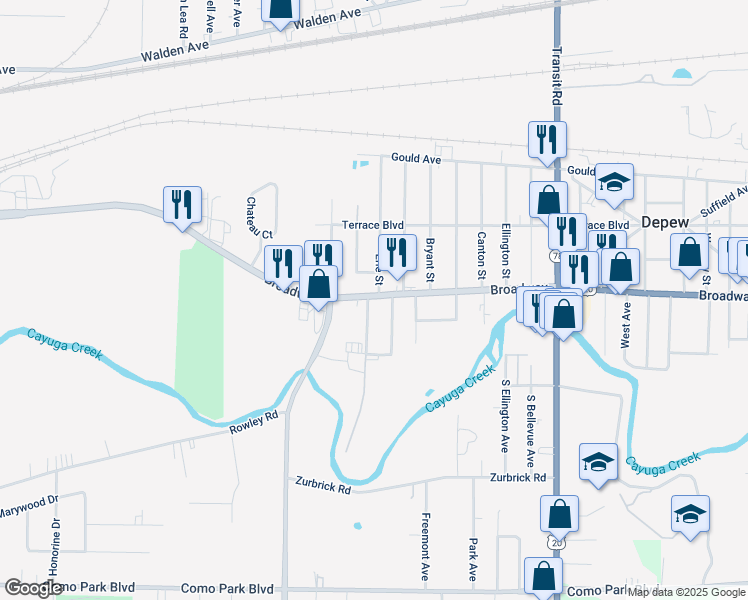map of restaurants, bars, coffee shops, grocery stores, and more near 4599 New York 130 in Depew