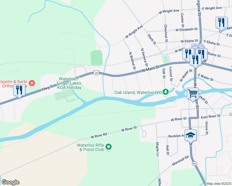map of restaurants, bars, coffee shops, grocery stores, and more near 7 West Street in Waterloo