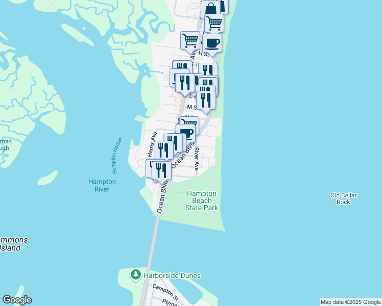 map of restaurants, bars, coffee shops, grocery stores, and more near 3 Concord Avenue in Hampton