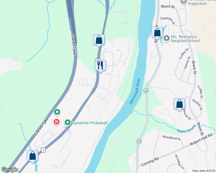 map of restaurants, bars, coffee shops, grocery stores, and more near 2 Galloway Road in Merrimack