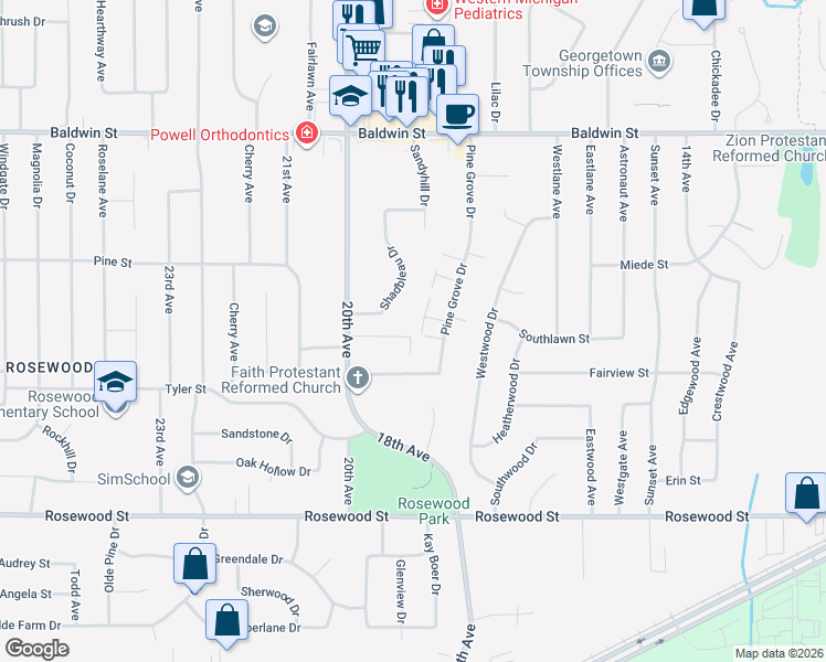 map of restaurants, bars, coffee shops, grocery stores, and more near 7323 Pinegrove Drive in Georgetown Township
