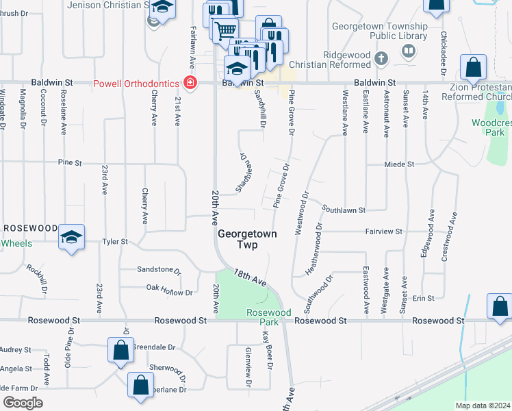 map of restaurants, bars, coffee shops, grocery stores, and more near 7323 Pinegrove Drive in Georgetown Township