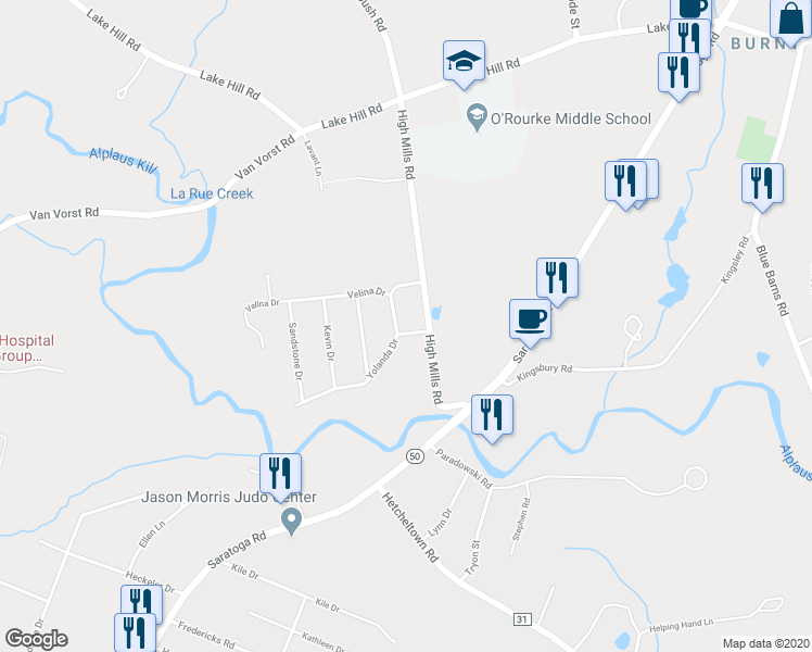 map of restaurants, bars, coffee shops, grocery stores, and more near 4 Yolanda Drive in Schenectady County