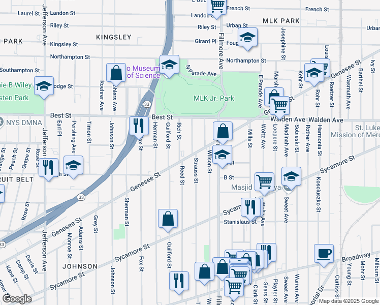 map of restaurants, bars, coffee shops, grocery stores, and more near 974 Genesee Street in Buffalo