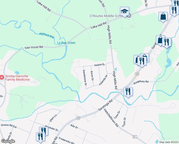 map of restaurants, bars, coffee shops, grocery stores, and more near 15 Kevin Drive in Schenectady County