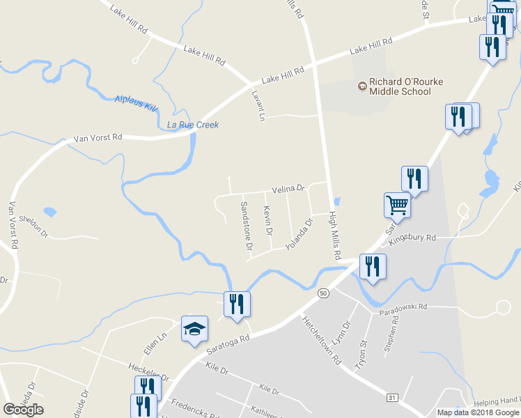 map of restaurants, bars, coffee shops, grocery stores, and more near 15 Kevin Drive in Schenectady County