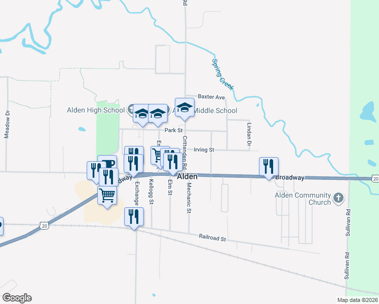 map of restaurants, bars, coffee shops, grocery stores, and more near 1561 Crittenden Rd in Alden