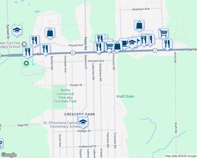 map of restaurants, bars, coffee shops, grocery stores, and more near 937 Grandview Road in Fort Erie
