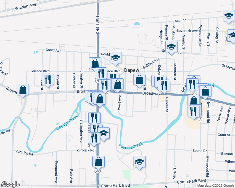 map of restaurants, bars, coffee shops, grocery stores, and more near 4877 Broadway in Depew