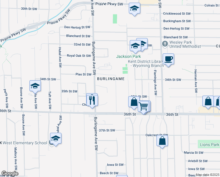 map of restaurants, bars, coffee shops, grocery stores, and more near 1530 Charles Russell Ct in Wyoming