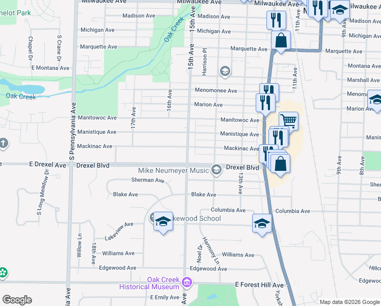 map of restaurants, bars, coffee shops, grocery stores, and more near 3007 15th Avenue in South Milwaukee