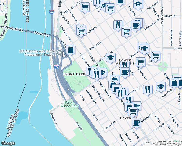 map of restaurants, bars, coffee shops, grocery stores, and more near 644 Columbus Parkway in Buffalo