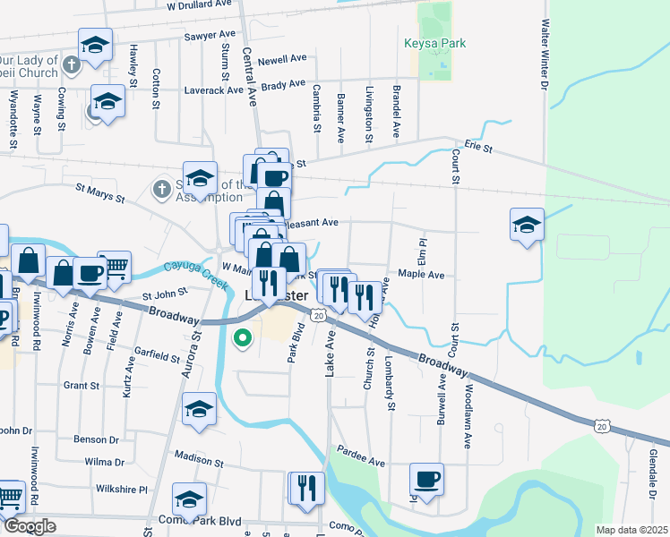 map of restaurants, bars, coffee shops, grocery stores, and more near 7 Clark Street in Lancaster