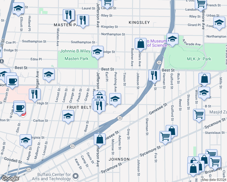 map of restaurants, bars, coffee shops, grocery stores, and more near 50 Pershing Avenue in Buffalo