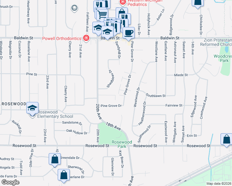 map of restaurants, bars, coffee shops, grocery stores, and more near 7323 Pinegrove Drive in Georgetown Township