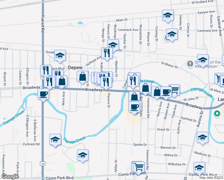 map of restaurants, bars, coffee shops, grocery stores, and more near 5080 U.S. 20 in Depew