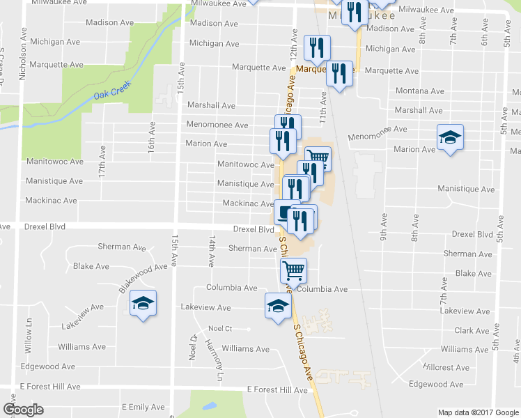 map of restaurants, bars, coffee shops, grocery stores, and more near 1229 Mackinac Avenue in South Milwaukee