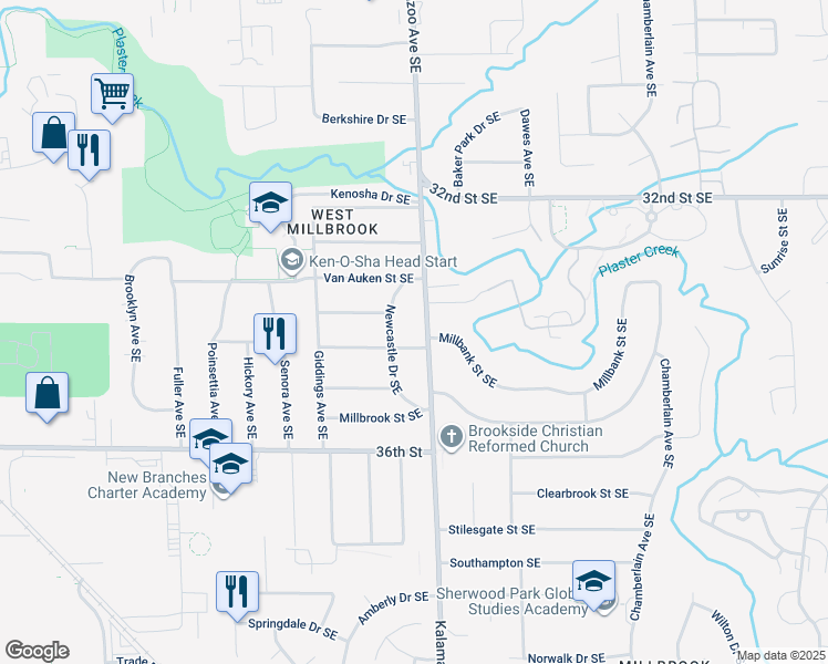 map of restaurants, bars, coffee shops, grocery stores, and more near 3361 Kalamazoo Avenue Southeast in Grand Rapids
