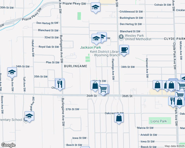 map of restaurants, bars, coffee shops, grocery stores, and more near 3428 Robin Ave SW in Wyoming