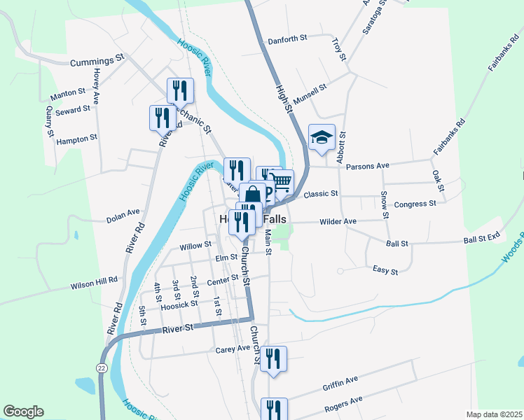 map of restaurants, bars, coffee shops, grocery stores, and more near 5 Main Street in Hoosick Falls