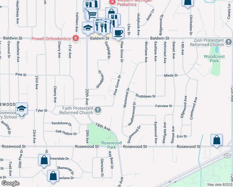 map of restaurants, bars, coffee shops, grocery stores, and more near 7349 Pinegrove Drive in Georgetown Township