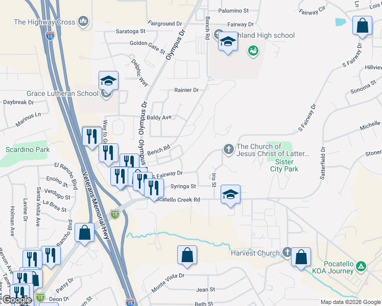 map of restaurants, bars, coffee shops, grocery stores, and more near 1757 South Von Elm Street in Pocatello