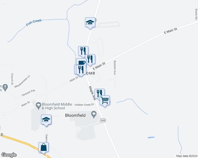 map of restaurants, bars, coffee shops, grocery stores, and more near 8 East Main Street in Bloomfield