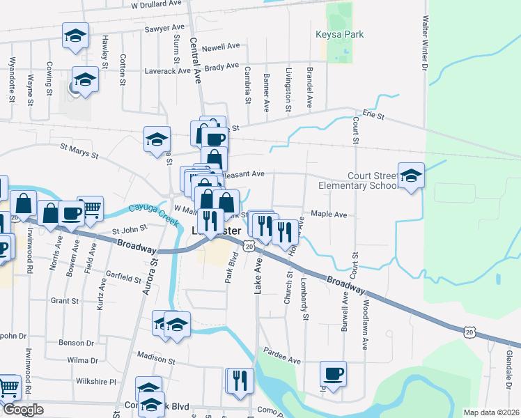map of restaurants, bars, coffee shops, grocery stores, and more near 7 Clark Street in Lancaster