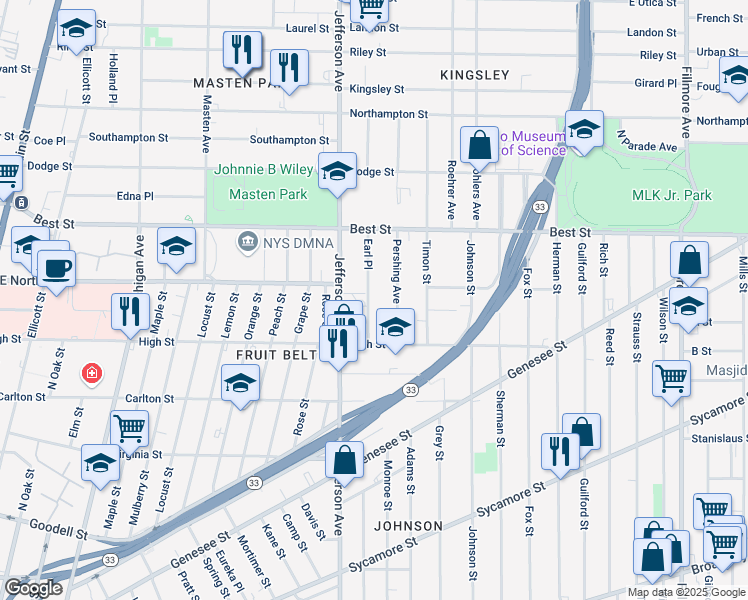 map of restaurants, bars, coffee shops, grocery stores, and more near 50 Pershing Avenue in Buffalo