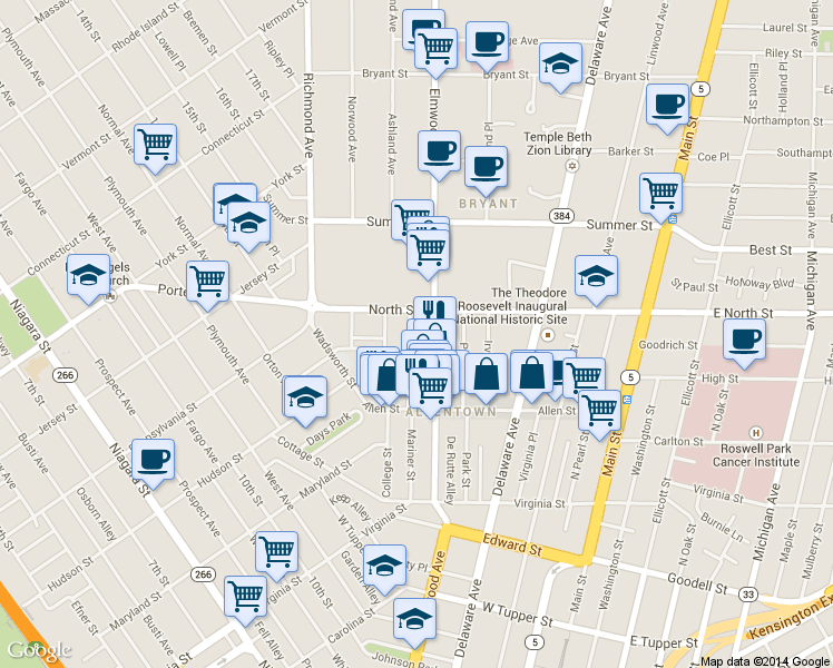 map of restaurants, bars, coffee shops, grocery stores, and more near 168 Elmwood Avenue in Buffalo