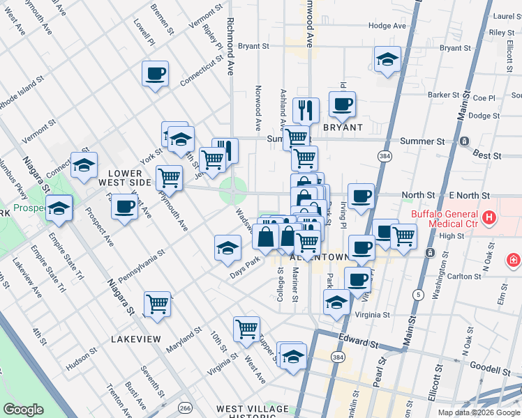 map of restaurants, bars, coffee shops, grocery stores, and more near 64 Arlington Place in Buffalo