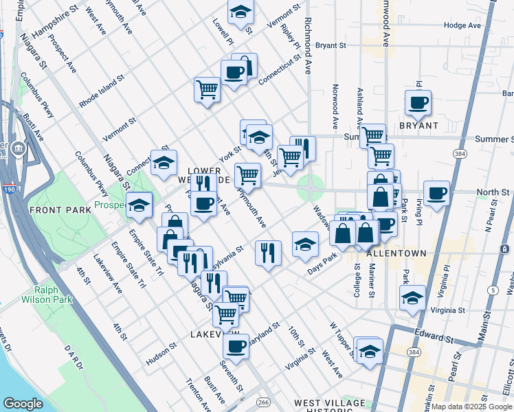 map of restaurants, bars, coffee shops, grocery stores, and more near 101 Plymouth Avenue in Buffalo