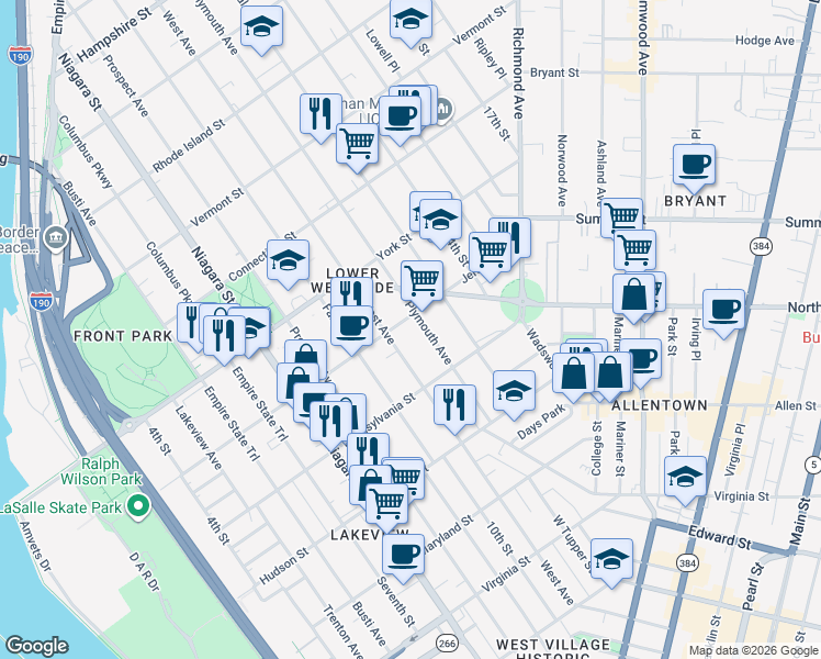 map of restaurants, bars, coffee shops, grocery stores, and more near 291 Jersey Street in Buffalo