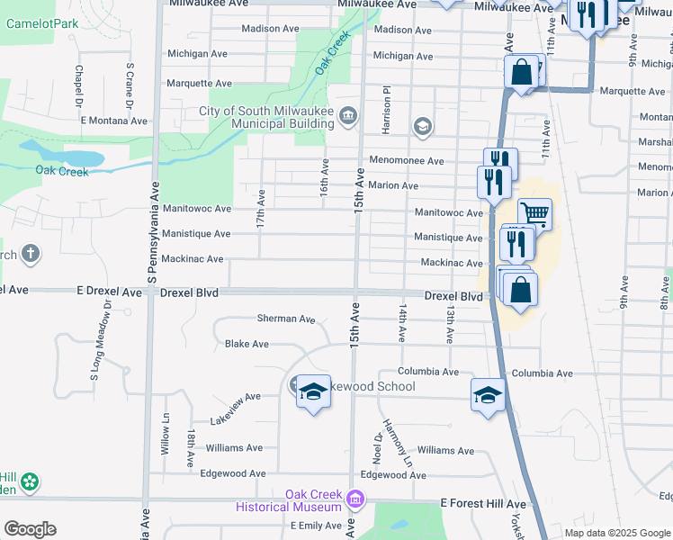 map of restaurants, bars, coffee shops, grocery stores, and more near 1509 Mackinac Avenue in South Milwaukee