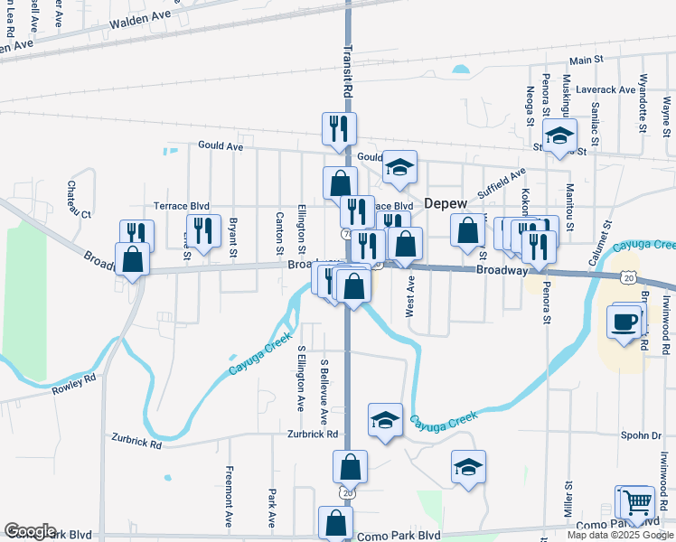 map of restaurants, bars, coffee shops, grocery stores, and more near 4801 Broadway in Depew