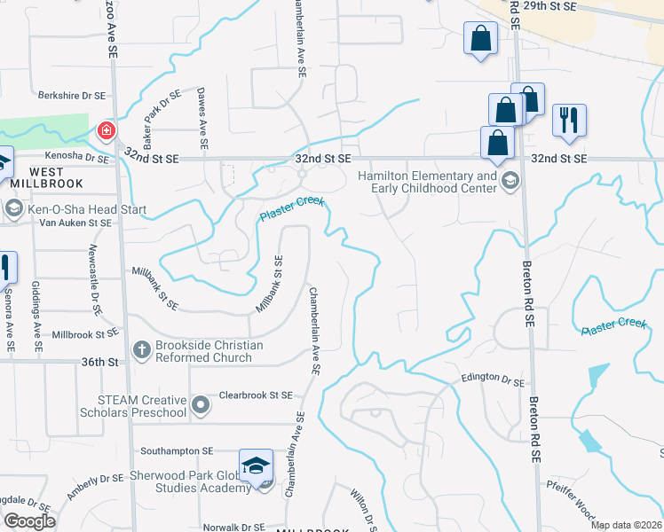 map of restaurants, bars, coffee shops, grocery stores, and more near 3413 Bromley Drive Southeast in Grand Rapids