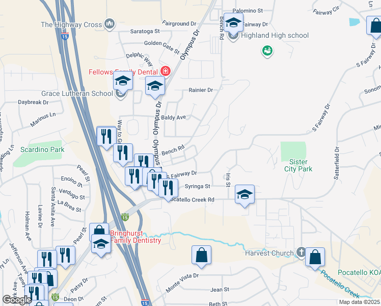 map of restaurants, bars, coffee shops, grocery stores, and more near 1724 South Von Elm Street in Pocatello