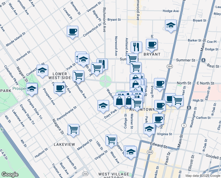 map of restaurants, bars, coffee shops, grocery stores, and more near 10 Symphony Circle in Buffalo