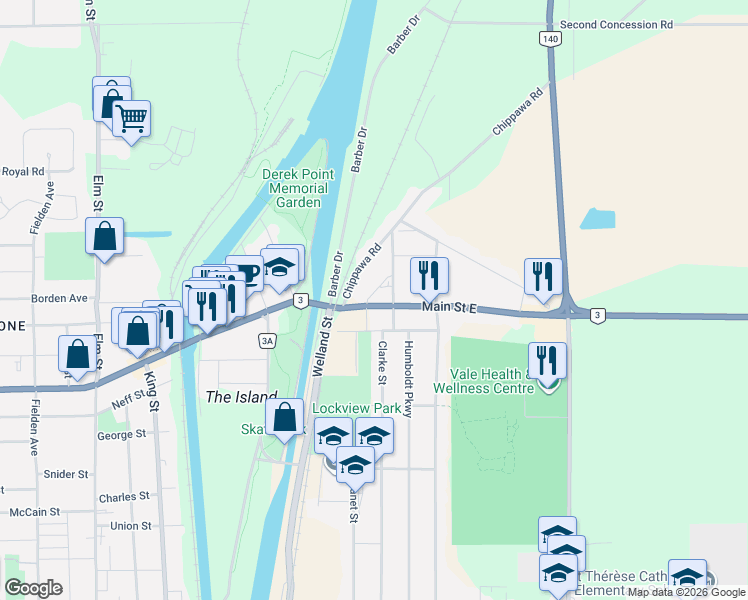 map of restaurants, bars, coffee shops, grocery stores, and more near 48 Main Street East in Port Colborne