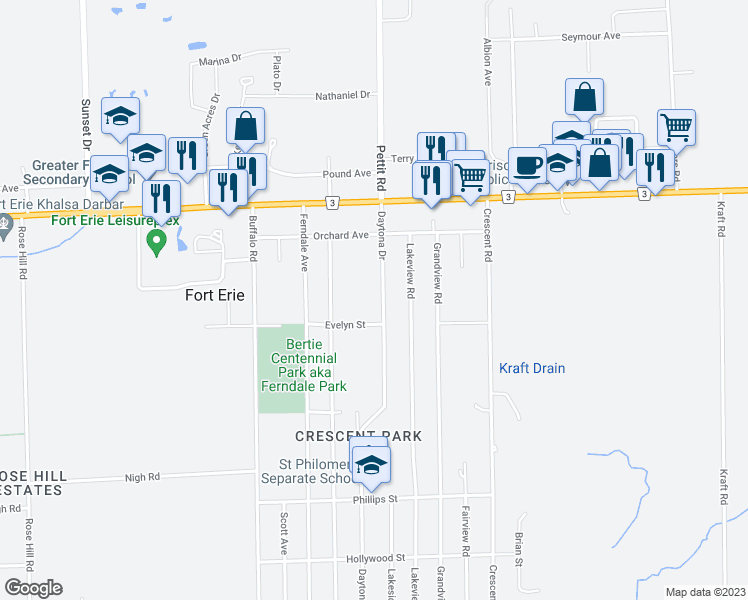 map of restaurants, bars, coffee shops, grocery stores, and more near 939 Daytona Drive in Fort Erie