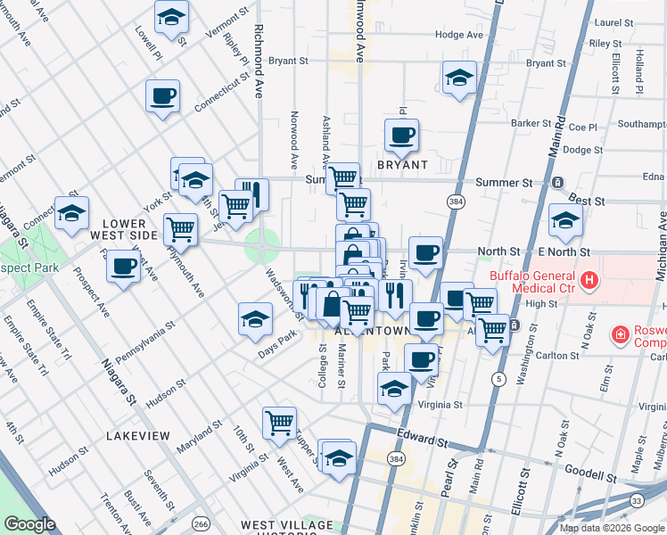 map of restaurants, bars, coffee shops, grocery stores, and more near 163 College Street in Buffalo